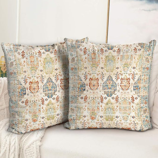 Boho Floral Throw Pillow Covers 18x18 inch Set of 2,Beige Boho Rug Geometric Floral Pattern Decor Double Sided Pattern Cushion Cover Soft Pillow Case Living Sofa Room Bed Square Pillow Cover