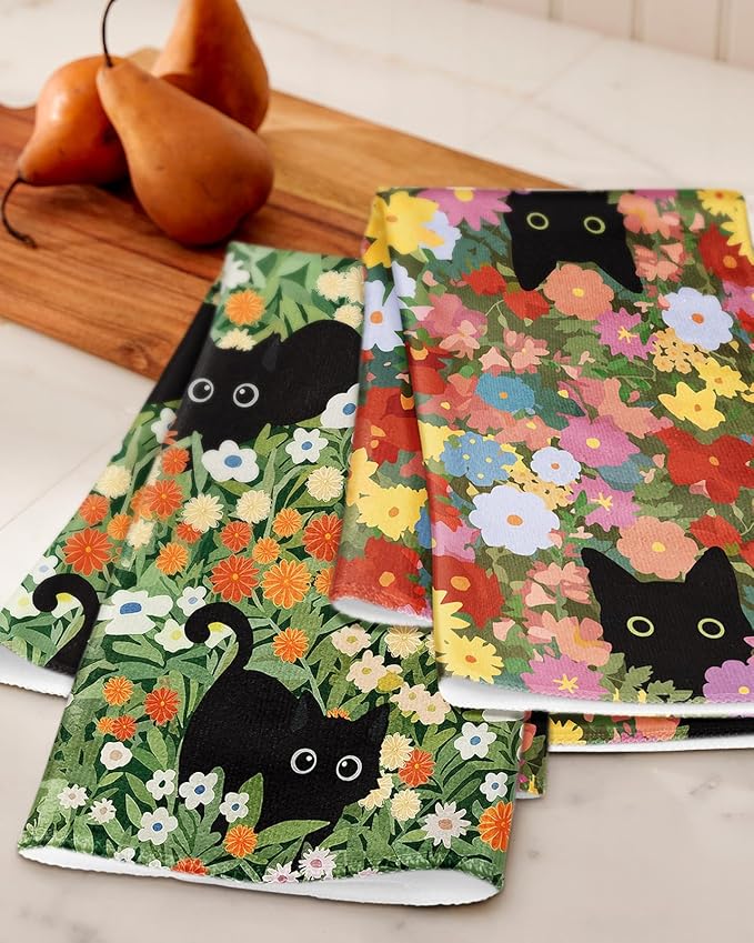 Microfiber Kitchen Towels - Set of 2 Dish Towels for Kitchen 18 x 26 Inch Home Decoration Cat Flower Cute Spring Hand Towels Soft & Absorbent Aesthetic Design
