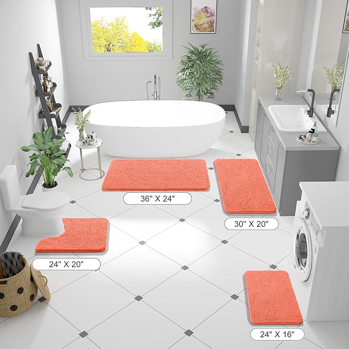 OLANLY Bathroom Rugs 24x16, Extra Soft Absorbent Chenille Bath Rugs, Rubber Backing Quick Dry, Machine Washable Bath Mats for Bathroom Floor, Tub and Shower, Home Decor Accessories, Coral