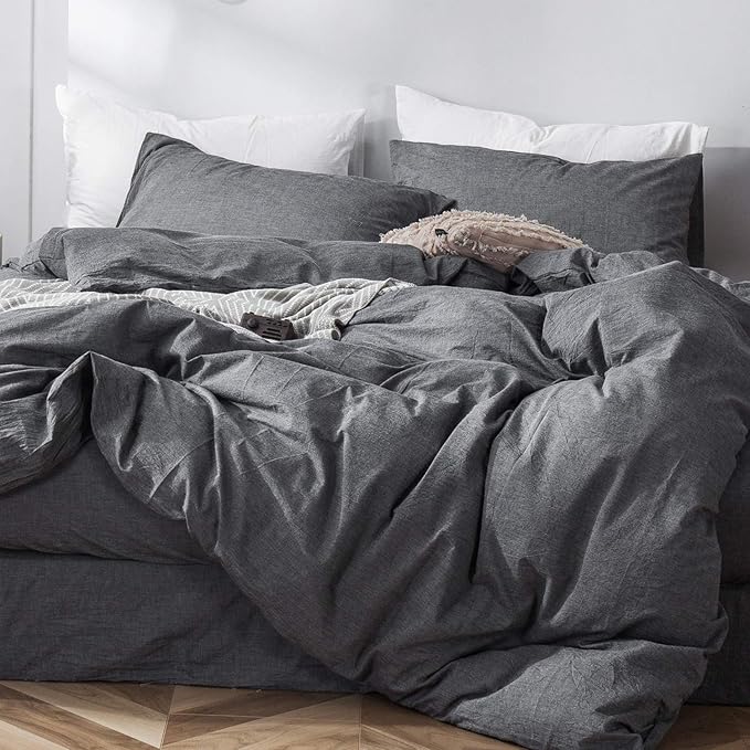 MooMee Bedding Duvet Cover Set 100% Washed Cotton Linen Like Textured Breathable Durable Soft Comfy (Heathered Dark Grey, Oversized Queen 98"x98")