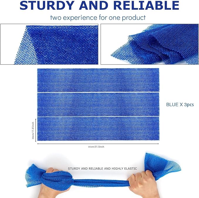 UJFQBH 3 Pieces African Bath Sponge African Net Long Net Bath Sponge Exfoliating Shower Body Scrubber Back Scrubber Skin Smoother,Great for Daily Use (Blue)