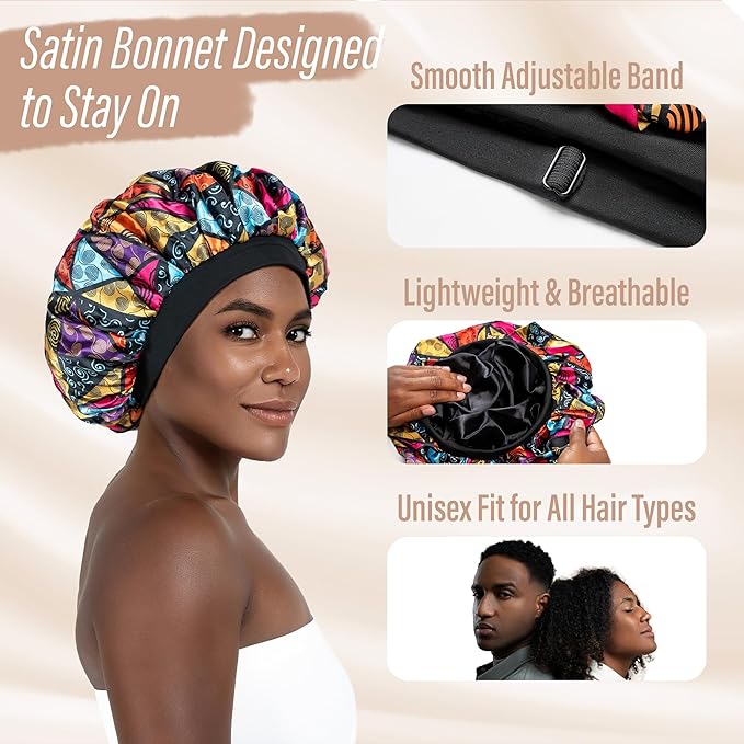 Satin Bonnet Adjustable Sleeping Silk Bonnet Black Women Men Double Layer Satin Silk Sleep Cap Hair Wrap Large Curly Hair