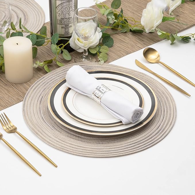 SHACOS Round Braided Placemats 15 inch Set of 4 Variegated Washable Kitchen Table Placemats for Home Wedding Party (Rainbow Gray, 4)