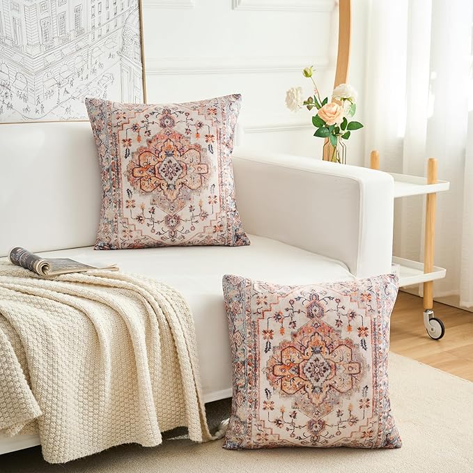 Boho Throw Pillow Covers 16x16 inch Set of 2,Boho Vintage Carpet Pattern Antique Ethnic Decor Double Sided Pattern Cushion Cover Soft Pillow Case Living Sofa Room Bed Square Pillow Cover