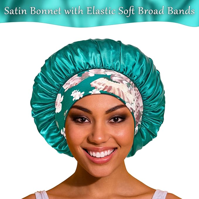 3 Pack Satin Bonnet Silk Hair Bonnet for Sleeping, Sleep Bonnets for Women Large Wide Soft Band Sleep Cap for Curly Hair Braids