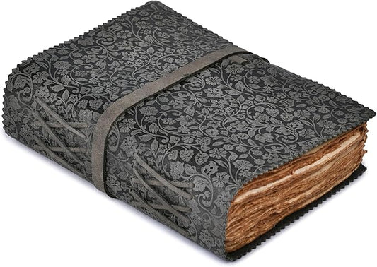 LEATHER VILLAGE Leather Bound Floral Embossed Journal for Women Men - 200 Pages, 8”X6”(A5), Black - Book of Shadows, Vintage Blank Paper Travel Diary, Notebook for Writing, Drawing, Sketchbook