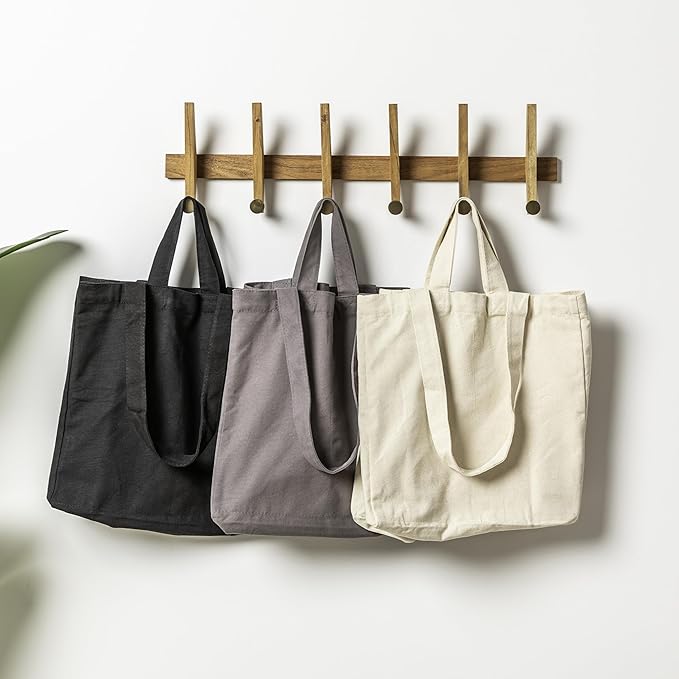 VeraMia Canvas Grocery Bag 3pc XL Set with Real Pockets, Long Shoulder Strap and Short Handle. Heavy Duty, Foldable, Washable