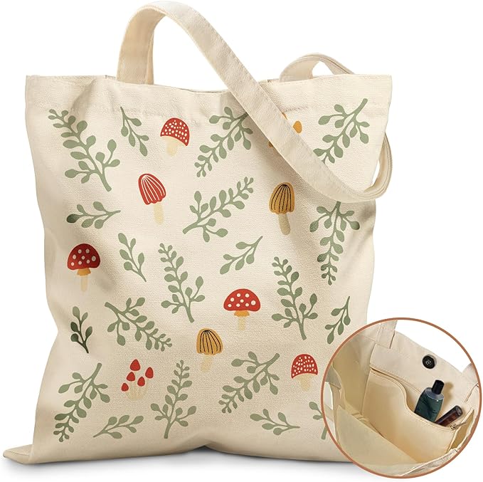 Aesthetic Tote Bag for Girls - with Magnetic Buckle and Zipper Inner Pocket for Women Lady Canvas Cotton Tote Bag