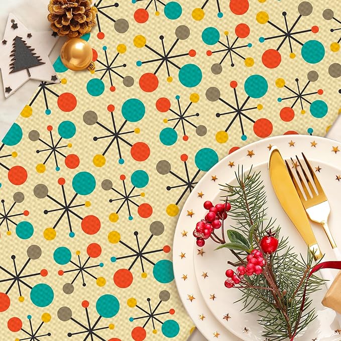 Mid Century Burlap Table Runner Seasonal Spring Fall Kitchen Dining Linen Table Decoration for Indoor Outdoor Home Party Dinner 13x72 Inch