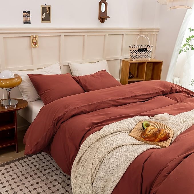 ECOCOTT Duvet Cover King Size - Linen Feel Textured Organic Natural 100% Washed Cotton, Soft Breathable 3 Pieces Bedding Set with Zipper Closure, Burnt Brick Red