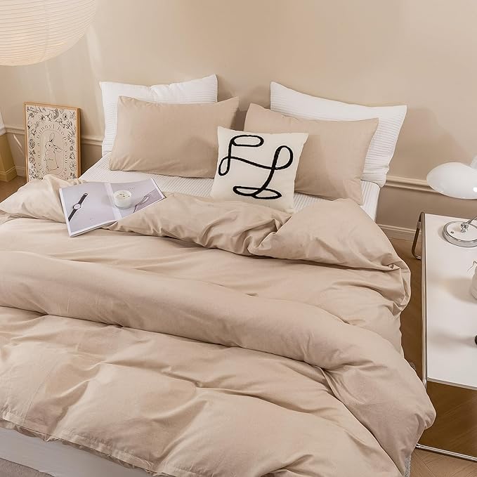 ECOCOTT Khaki Duvet Cover Queen Size - 100% Washed Cotton Durable Soft Comfy Duvet Cover Set, Lightweight and Breathable with Zipper Closure & Corner Ties (Khaki, 90''x90'')