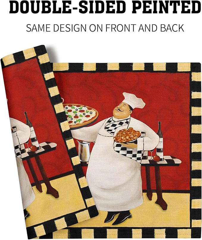 Giwawa Fat Chef Placemats Italian Pizza Bistro Anti-Fatigue Red Wine Linen Table Mat Set of 4 Cooking Food Heat Stain Resistant Place Mats for Dining Kitchen Party Holiday Decoration