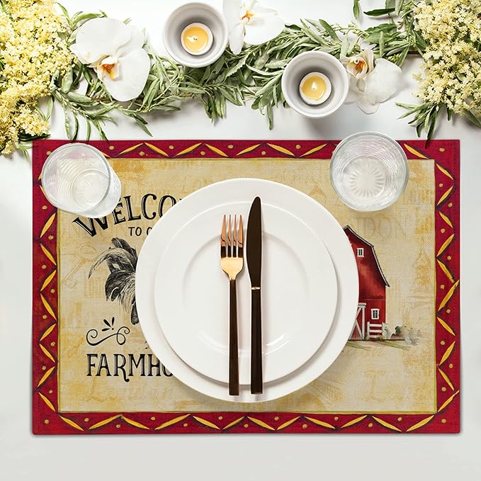Giwawa Rooster Chicken Placemats, Welcome to Our Farmhouse Linen Place Mat, Vintage Animal Farm Decorative Washable Non Slip Table Mats for Dining Kitchen Party, Set of 4, 12"x18"