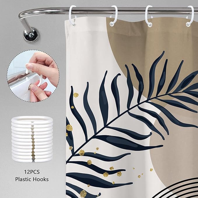 Boho Shower Curtain 60Wx72H Modern Mid Century Abstract Gold Leaves Bohemian Minimalist Geometric Arch Plant Botany Bathroom Decor Neutral Aesthetic Bath Curtain Fabric Polyester 12 Pack Hooks
