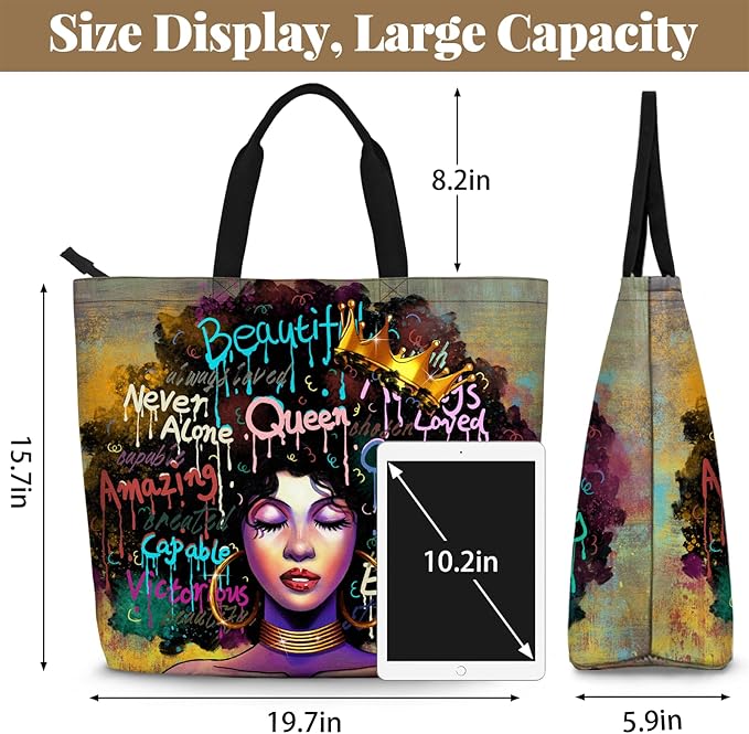 African American Women Tote Bag Black Shoulder Handbag For Women Fit Work Beach Labtops With Zip