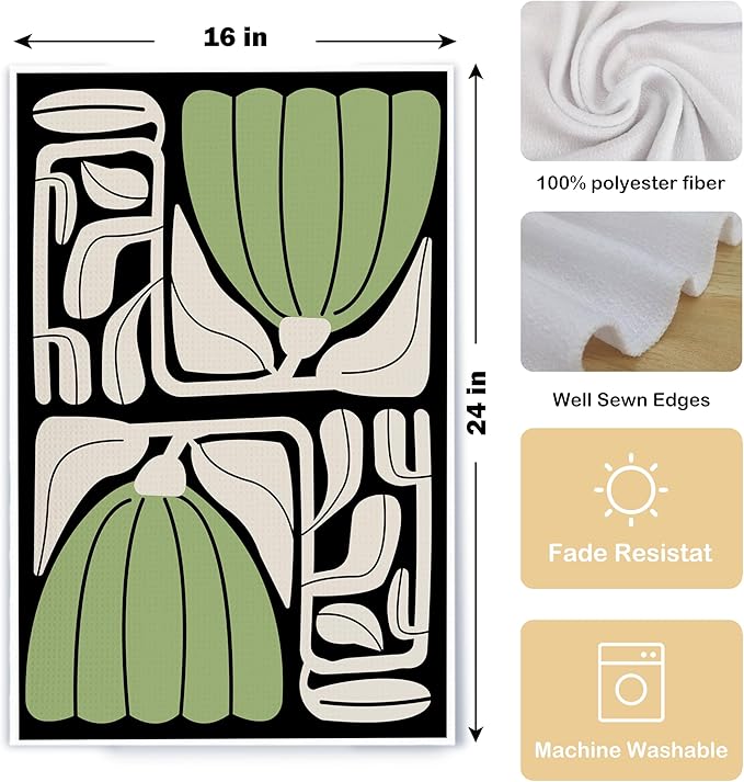 Abstract Boho Green and Beige Floral Kitchen Towels Set of 2, Retro 70s Groovy Floral Hand Towels for Bathroom Decor, Modern Minimalist Botanical Dish Tea Towels for Kitchen Decor, 16x24 Inch