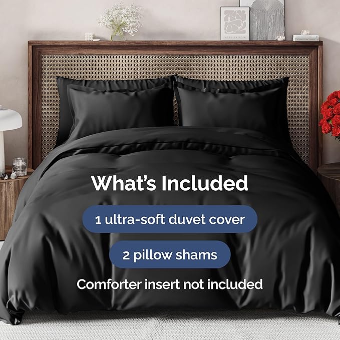 Duvet Cover Cal King Size Set - Extra Soft Cal King Size Duvet Cover 104 x 98 with 2 Pillow Shams - Hotel Luxury Easy Care & Fade Free w/Zipper Closures & Ties - Comfy Breathable Bedding Set (Black)