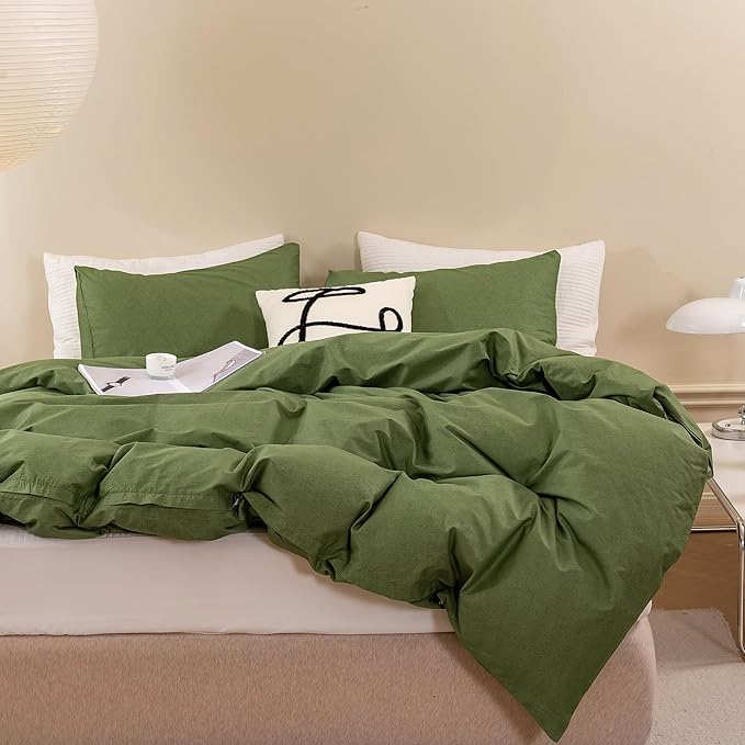 ECOCOTT Olive Green Duvet Cover Queen Size - 100% Washed Cotton Durable Soft Comfy Duvet Cover Set, 3 Pieces Duvet Cover with Zipper Closure (Green, 90''x90'')