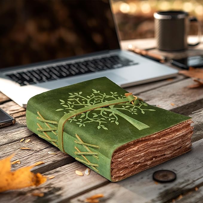LEATHER VILLAGE Tree of Life Journal - 6 X 4 (A6) inches - Green - 200 Antique Deckle Edge Handmade Paper – Book of Shadows - Vintage Leather Bound Journal for Women & Men