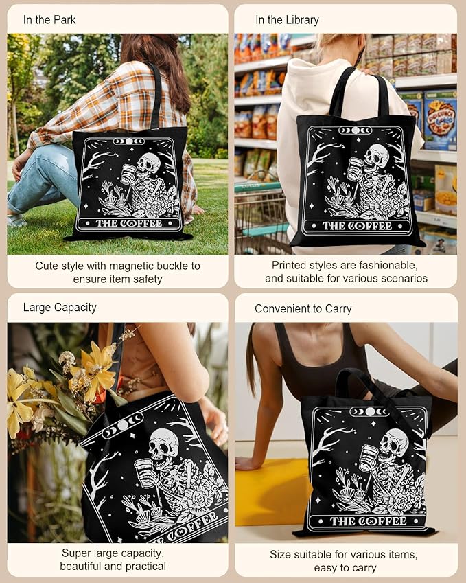 Canvas Tote Bag for Women – Aesthetic Canvas Bag with Zipper Cute Stylish Reusable Shoulder Totes for Shopping Work Daily Vacation, Coffee Skull