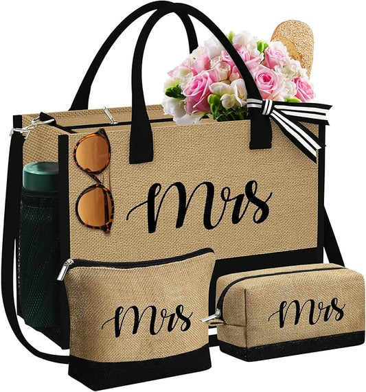 YOOLIFE Gifts for Women - Initial Jute Tote Bag & 2 Makeup Bags Personalized Gifts for Women Teacher Mom Friend Birthday