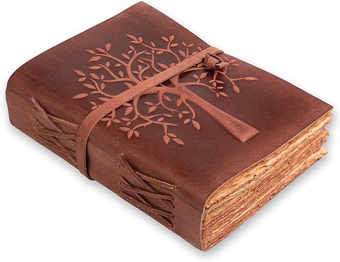 LEATHER VILLAGE Tree of Life Journal - 6 X 4 (A6) inches - Red Brown - 200 Antique Deckle Edge Handmade Paper – Book of Shadows - Vintage Leather Bound Journal for Women & Men