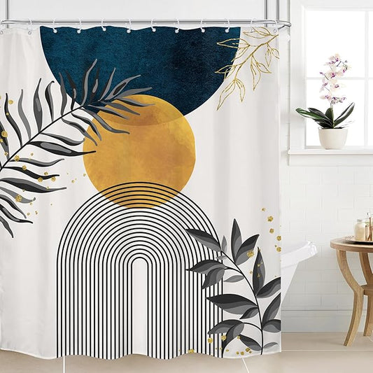 Navy Blue Boho Shower Curtain 60Wx72H Modern Bohemian Mid Century Abstract Gold Leaves Minimalist Geometric Plant Bathroom Decor Neutral Botanical Bath Curtain Fabric Polyester 12 Pack Hooks