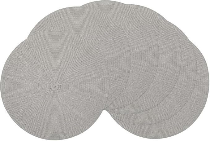 SHACOS Round Braided Placemats Set of 6 Thick Fabric Circle Grey Place Mats Woven Table Mats for Dining Tables 15 inch (Gray, 6)