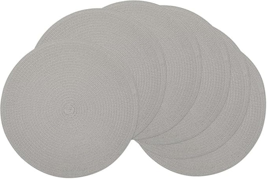 SHACOS Round Braided Placemats Set of 6 Thick Fabric Circle Grey Place Mats Woven Table Mats for Dining Tables 15 inch (Gray, 6)