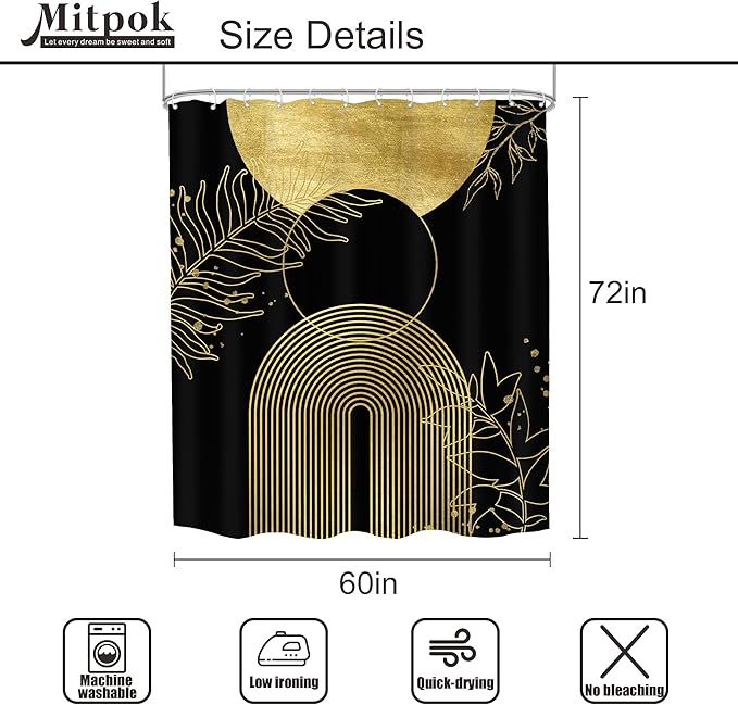 Black Gold Boho Shower Curtain 60Wx72H Mid Century Modern Abstract Leaves Plant Sun Bathroom Decor Minimalist Geometric Arch Line Vintage Aesthetic Bath Curtain Fabric Polyester 12 Pack Hooks