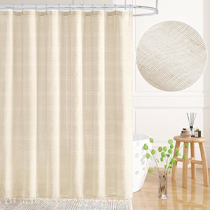 Boho Farmhouse Shower Curtain Set with Tassel, Modern Bohemian French Country Chic Bathroom Shower Curtain Set with PEVA Liner, Linen Fabric Shower Curtain,72x72 - Beige/Cream