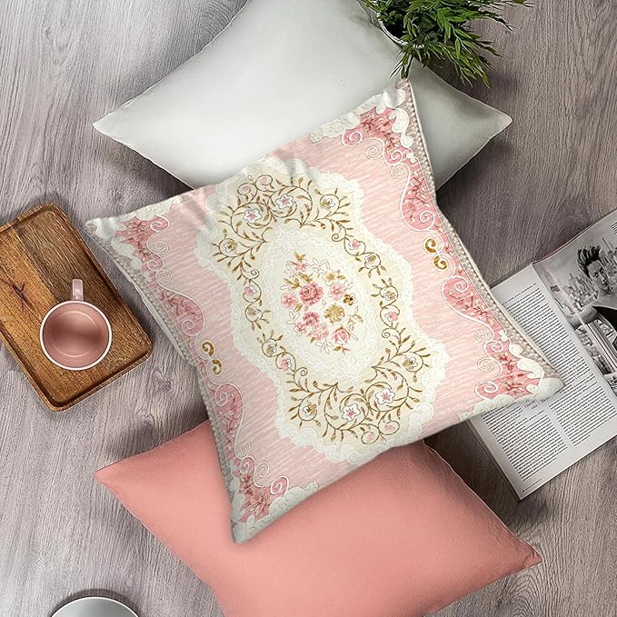 Boho Floral Throw Pillow Covers 18x18 inch Set of 2,Pink Boho Rug Geometric Floral Pattern Decor Double Sided Pattern Cushion Cover Soft Pillow Case Living Sofa Room Bed Square Pillow Cover