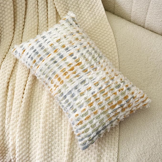 Aeckself Boho Chenille Tufted Pillow Cover 12 x 20 Inch, Rectangle Decorative Lumbar Throw Pillow Cover Neutral Pillowcase for Couch Bedroom Living Room, Yellow White