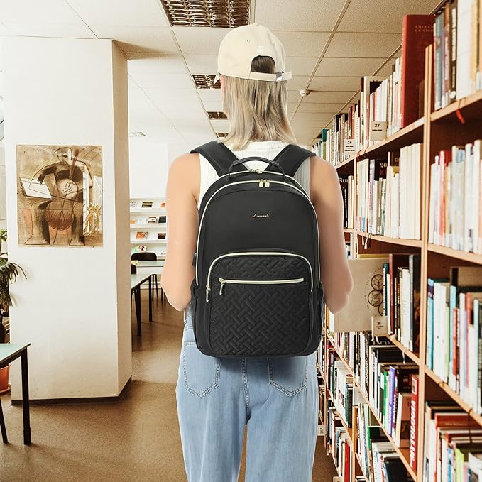 LOVEVOOK Laptop Backpack for Women, Stylish Quilted Backpacks Purse for Business Work Travel, Computer Bags Bag, with USB Port fits 15.6-inch Laptop, Black