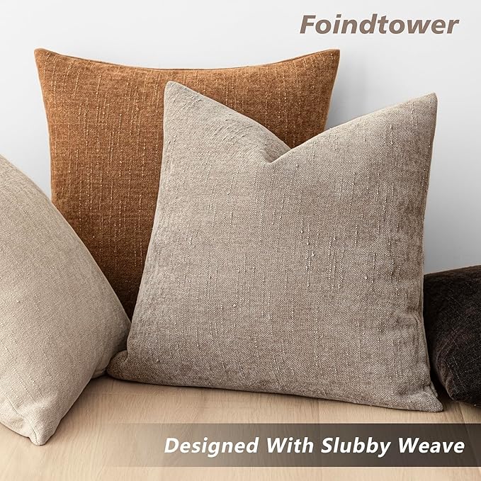 Foindtower Set of 2 Soft Textured Chenille Throw Decorative Pillow Covers Square Accent Solid Cushion Cover Cozy Neutral Farmhouse Pillow Case for Couch Sofa Bedroom Living Room 18x18 Inch,Light Taupe
