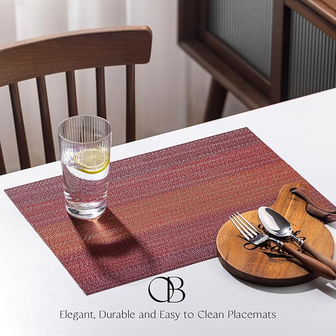 Placemats Set of 12 - Easy Clean Woven Vinyl Placemats for Dining Table, Indoor/Outdoor Place Mats, Washable PVC Table Mats（Pomegranate Parade）
