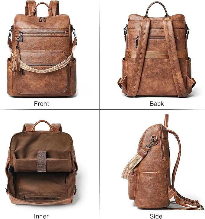 Shrrie 15.6 inch Laptop Backpack for Women,Large Leather Backpack Purse,Travel,Carry on,Water Resistant Casual Laptop Backpacks,College Backpack,Work Backpack for Women,Two-toned Brown