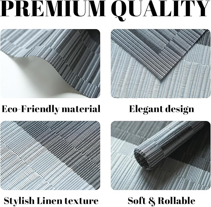 Placemats Set of 12 Vinyl/Plastic Woven Place Mats for Kitchen Table Indoor/Outdoor Washable Placemat Wipeable Dining Table Mats (Ombre Silver Grey Black,12)