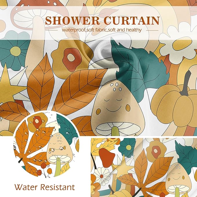 Aimego Cute Mushroom Shower Curtain - 70s Retro Boho Floral Plant Funky Groovy Flowers Hippie Fabric Cloth Bath Shower Curtain Set with 12 Hooks for Bathroom Decor Accessories, 72"x72"