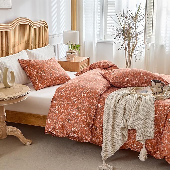 mixinni 3 Pieces Duvet Covers Full Size, 100% Cotton Comforter Cover Wildflower Printed on Pumpkin Floral Bedding Set with Zipper Closure 4 Ties (1 Duvet Cover 80"x90", 2 Pillow Cases 20"x26")