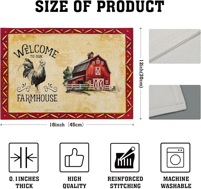 Giwawa Rooster Chicken Placemats, Welcome to Our Farmhouse Linen Place Mat, Vintage Animal Farm Decorative Washable Non Slip Table Mats for Dining Kitchen Party, Set of 4, 12"x18"