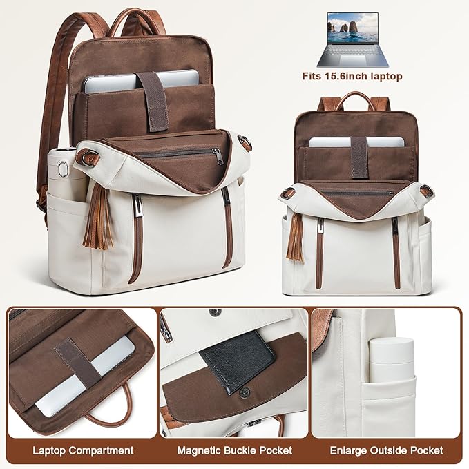 Shrrie Laptop Backpack for Women 15.6 inch,Travel Leather Backpack Purse Nurse Teacher Carry on Backpack Computer Bag,Professional Water-Resistant College Business Work Casual Daypack,Beige with Brown