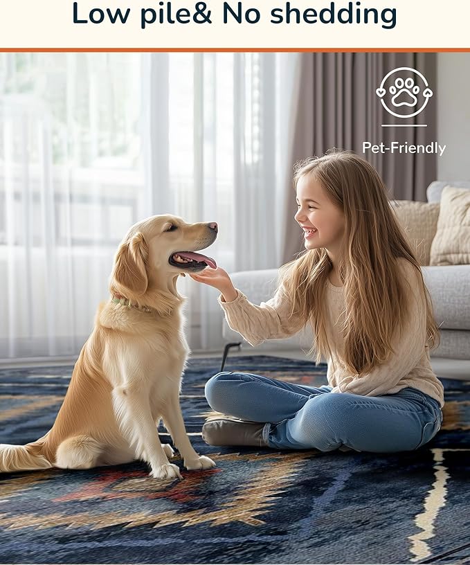 Area Rug 9x12 Rug Machine Washable Non-Slip Low Pile Print Pattern Western Rug for Living Room Bedroom Entryway Tribal Series -Darkblue