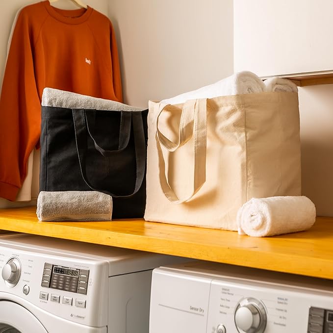 VeraMia Canvas Grocery Bag 3pc XL Set with Real Pockets, Long Shoulder Strap and Short Handle. Heavy Duty, Foldable, Washable