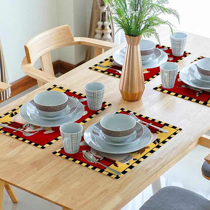 Giwawa Fat Chef Placemats Italian Pizza Bistro Anti-Fatigue Red Wine Linen Table Mat Set of 4 Cooking Food Heat Stain Resistant Place Mats for Dining Kitchen Party Holiday Decoration