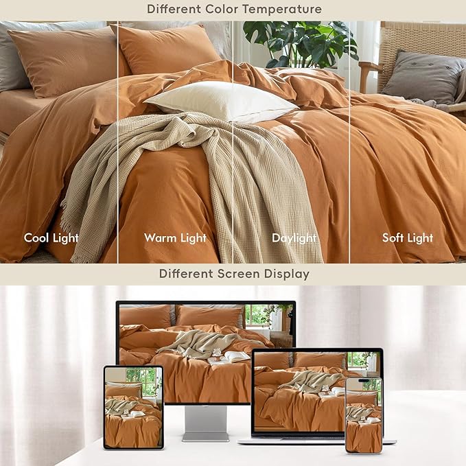 MooMee Bedding Duvet Cover Set 100% Washed Cotton Linen Like Textured Breathable Durable Soft Comfy (Solid Burnt Orange, Cal King 104"x98")