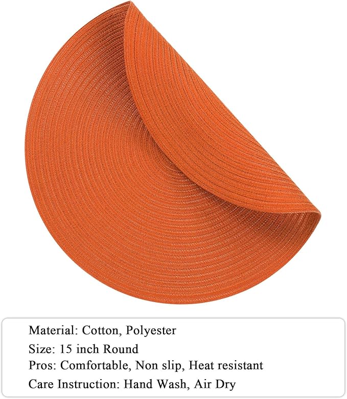 SHACOS Round Placemats Set of 6 Polyester 15 inch Round Braided Place Mats Washable Non Slip Kitchen Dining Table Mats Autumn Fall Placemats Decor, Bright Orange