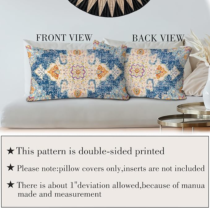 Boho Throw Pillow Covers 12x20 inch Set of 2,Boho Vintage Carpet Pattern Antique Ethnic Decor Double Sided Pattern Cushion Cover Soft Pillow Case Living Sofa Room Bed Square Pillow Cover