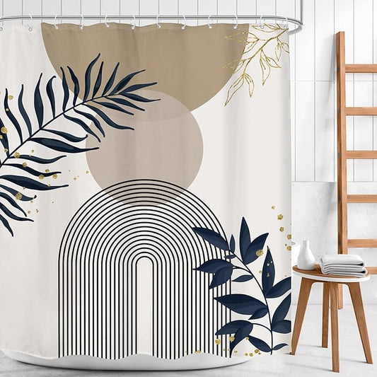 Boho Shower Curtain 60Wx72H Modern Mid Century Abstract Gold Leaves Bohemian Minimalist Geometric Arch Plant Botany Bathroom Decor Neutral Aesthetic Bath Curtain Fabric Polyester 12 Pack Hooks