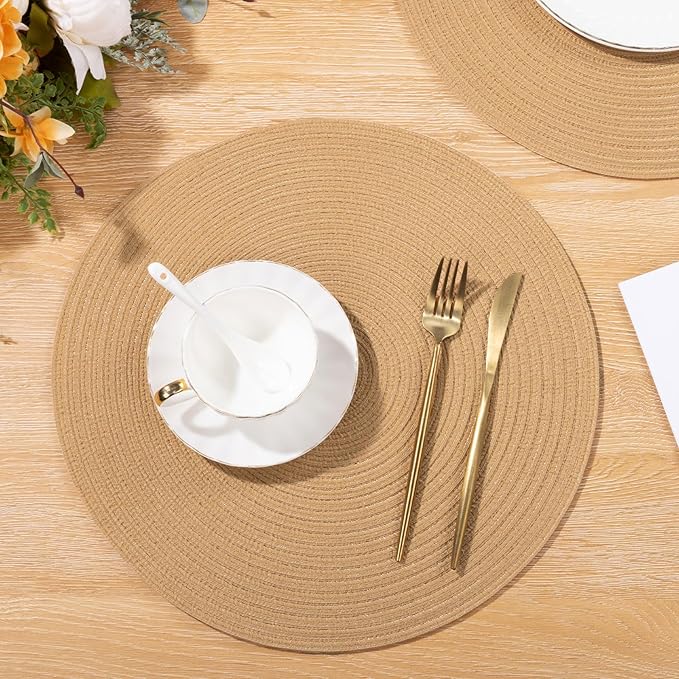 SHACOS 15 inch Round Braided Placemats Set of 6 Non Slip Heat Resistant Round Table Mats Fabric Place Mats for Dinner Party Table Decoration (Camel, 6)